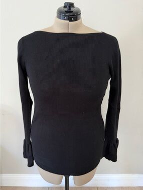 Ralph Lauren Black Ribbed Boatneck Long-Sleeve Top with flared cuffs, size M